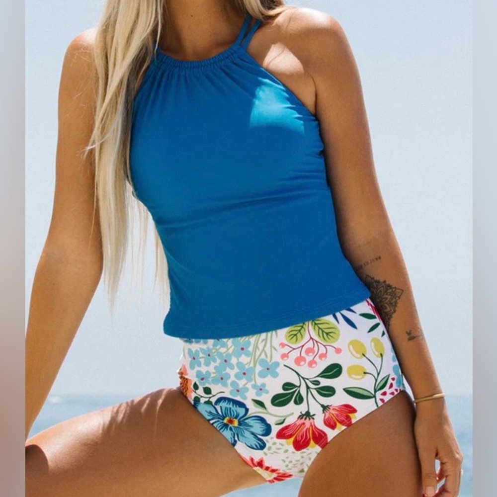 Beachsissi High Waist Flower Print Blue Tankini - L